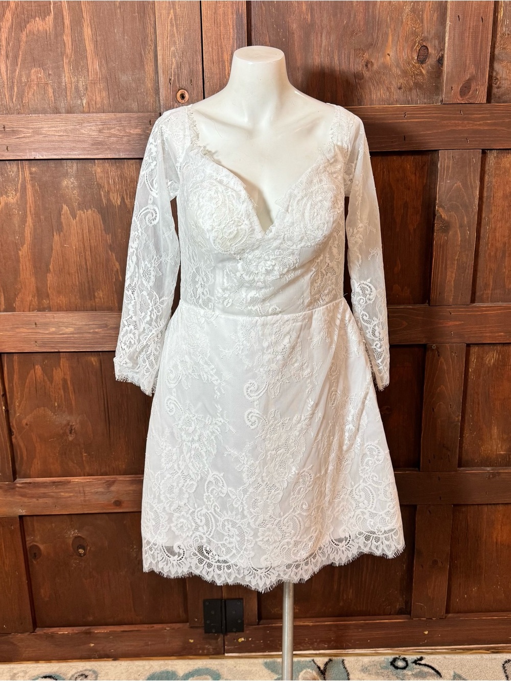 SHEIN White Lace V-Neck Long Sleeve A-Line Short Bridal Dress